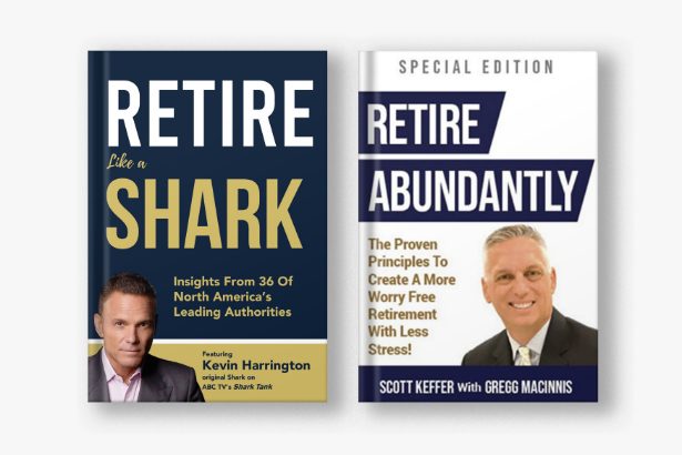 book covers for 'Retire Like a Shark' and 'Retire Abundantly'