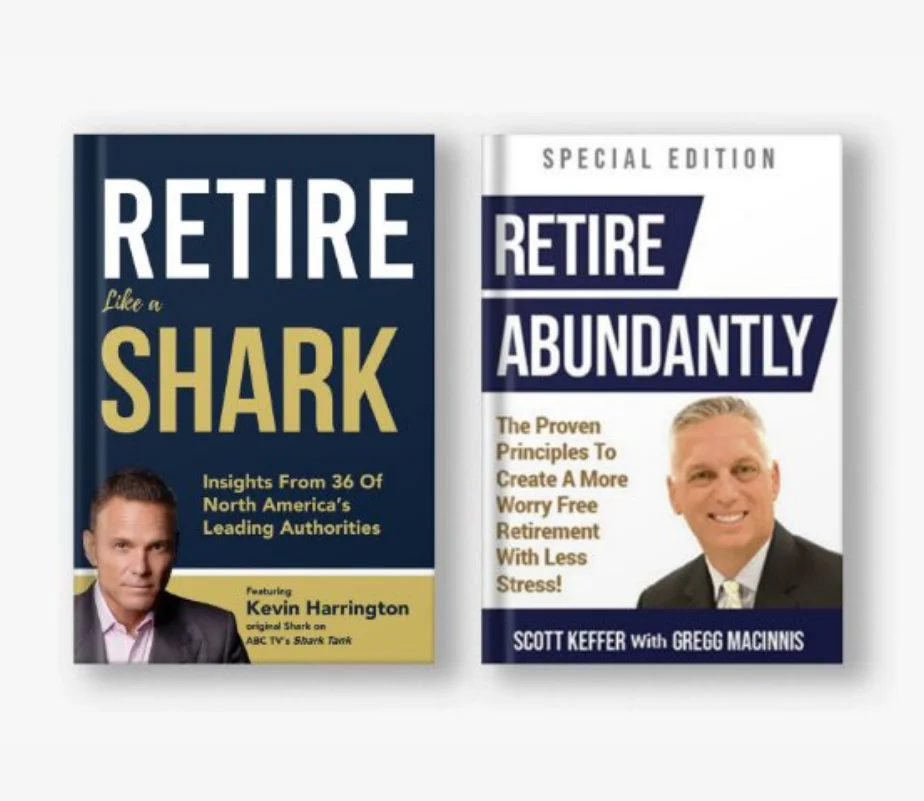book covers for 'Retire Like a Shark' and 'Retire Abundantly'